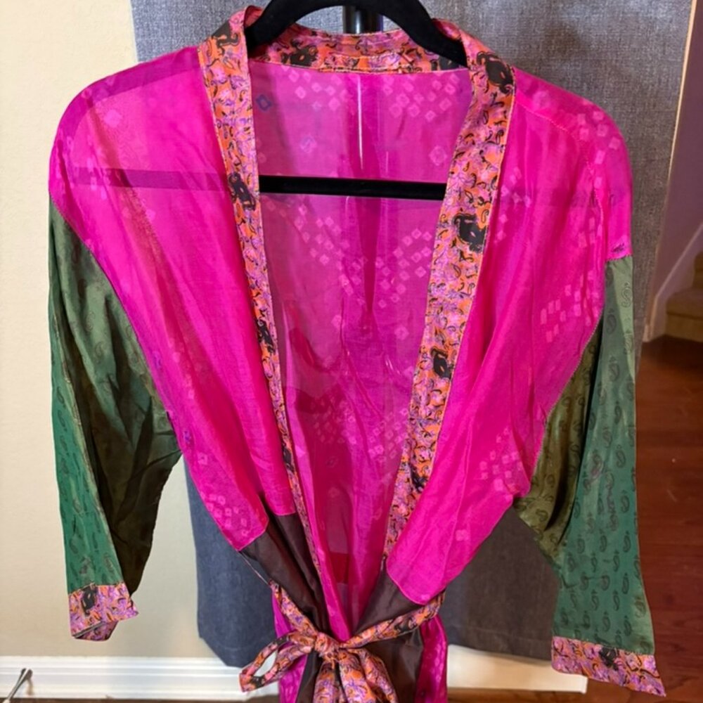 Upcycled vintage silk sari kimono-style robe/beach cover up